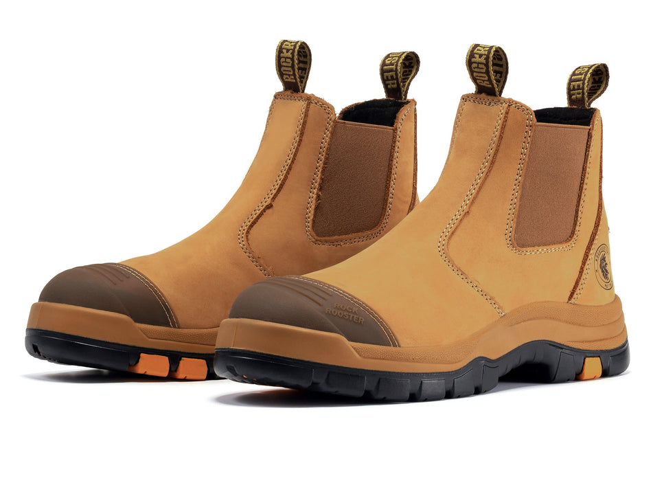ROCKROOSTER Gammon Tan 6 inch Slip On Steel Toe Leather Work Boots AK222 - Rock Rooster Footwear Inc