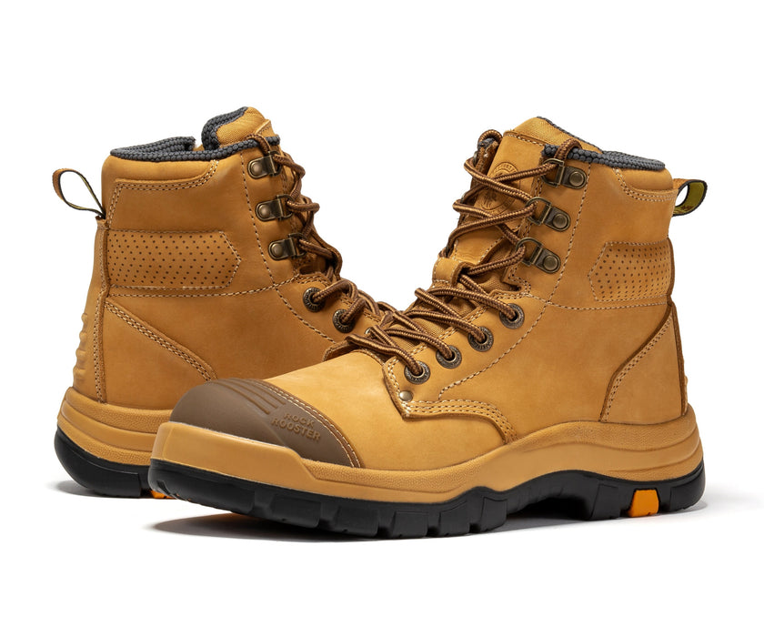 ROCKROOSTER Madison Tan 6 inch Zip-sided Steel Toe Leather Work Boots AK052 - Rock Rooster Footwear Inc