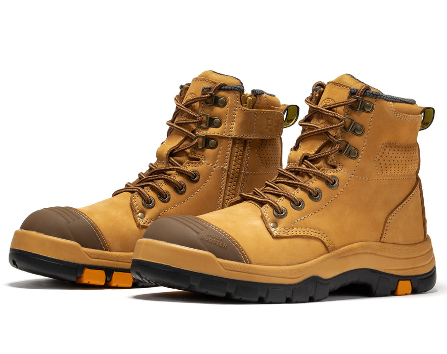 ROCKROOSTER Madison Tan 6 inch Zip-sided Steel Toe Leather Work Boots AK052 - Rock Rooster Footwear Inc