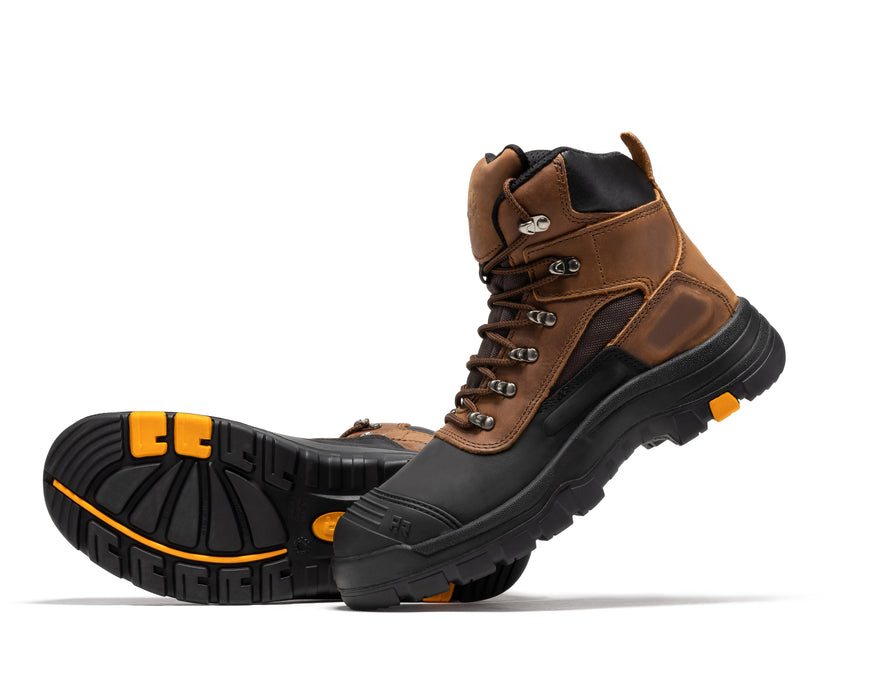 Rock Rooster Sedona waterproof steel toe leather work boots in brown with rugged sole and sturdy construction.