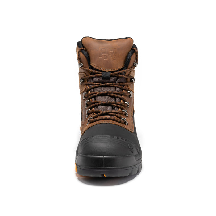 Rock Rooster Sedona waterproof steel toe leather work boots, 6-inch height, in black with sturdy laces and rugged sole.
