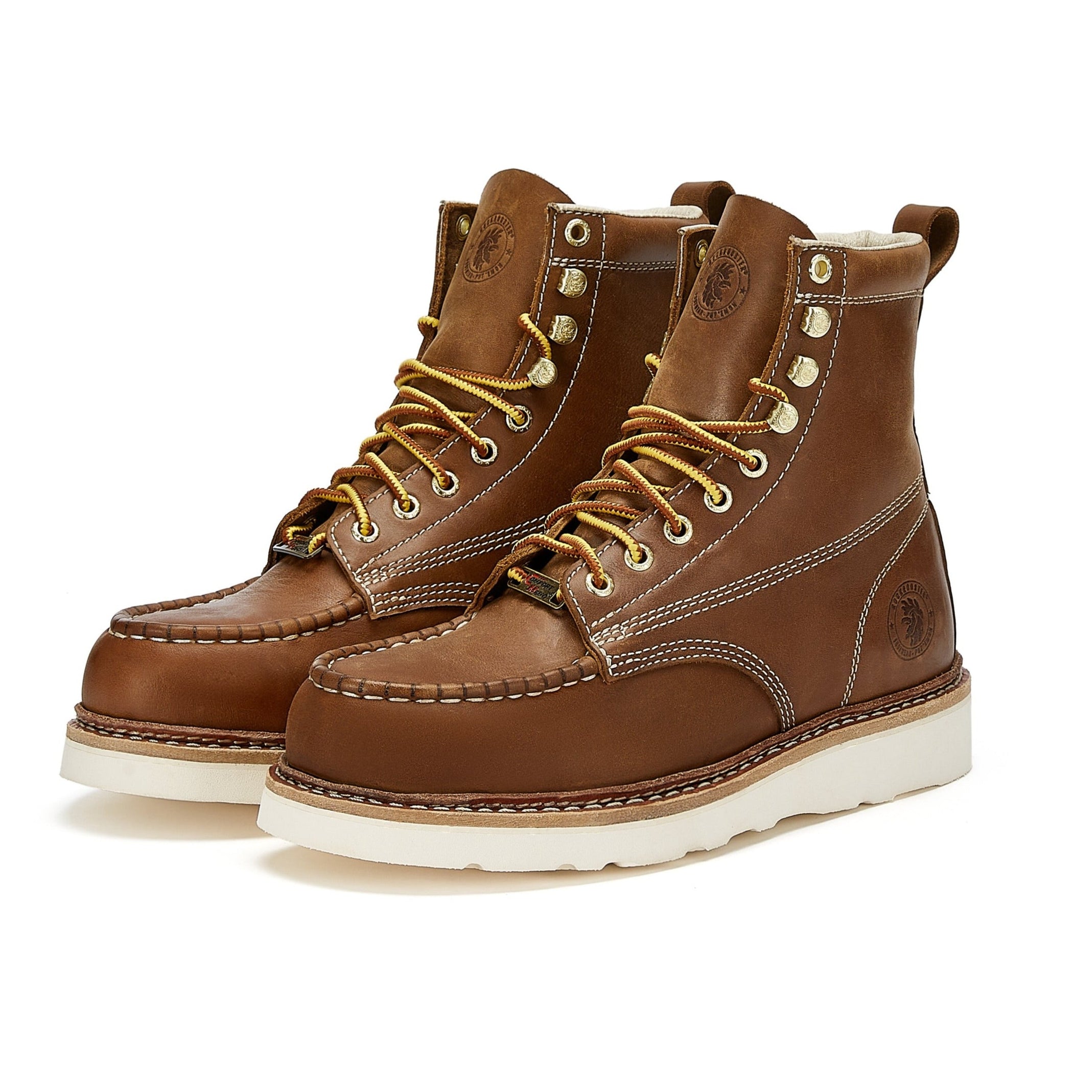 ROCKROOSTER Norwood Moc Toe Work Boots For Men – Steel Toe, Non-Slip Wedge Sole, Brown Leather, ASTM F2413-18 EH