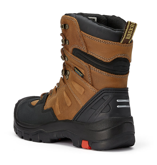 ROCKROOSTER Woodland Men's 8 inch Brown Work Boots, Composite Toe, Slip Resistant, Electrical Hazard Protection, Rubber outsole AK869 - Rock Rooster Footwear Inc